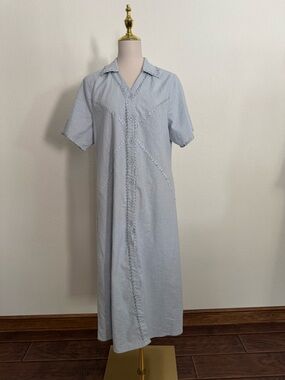 Light Blue Maxi Button-Front Dress with Decorative Trim